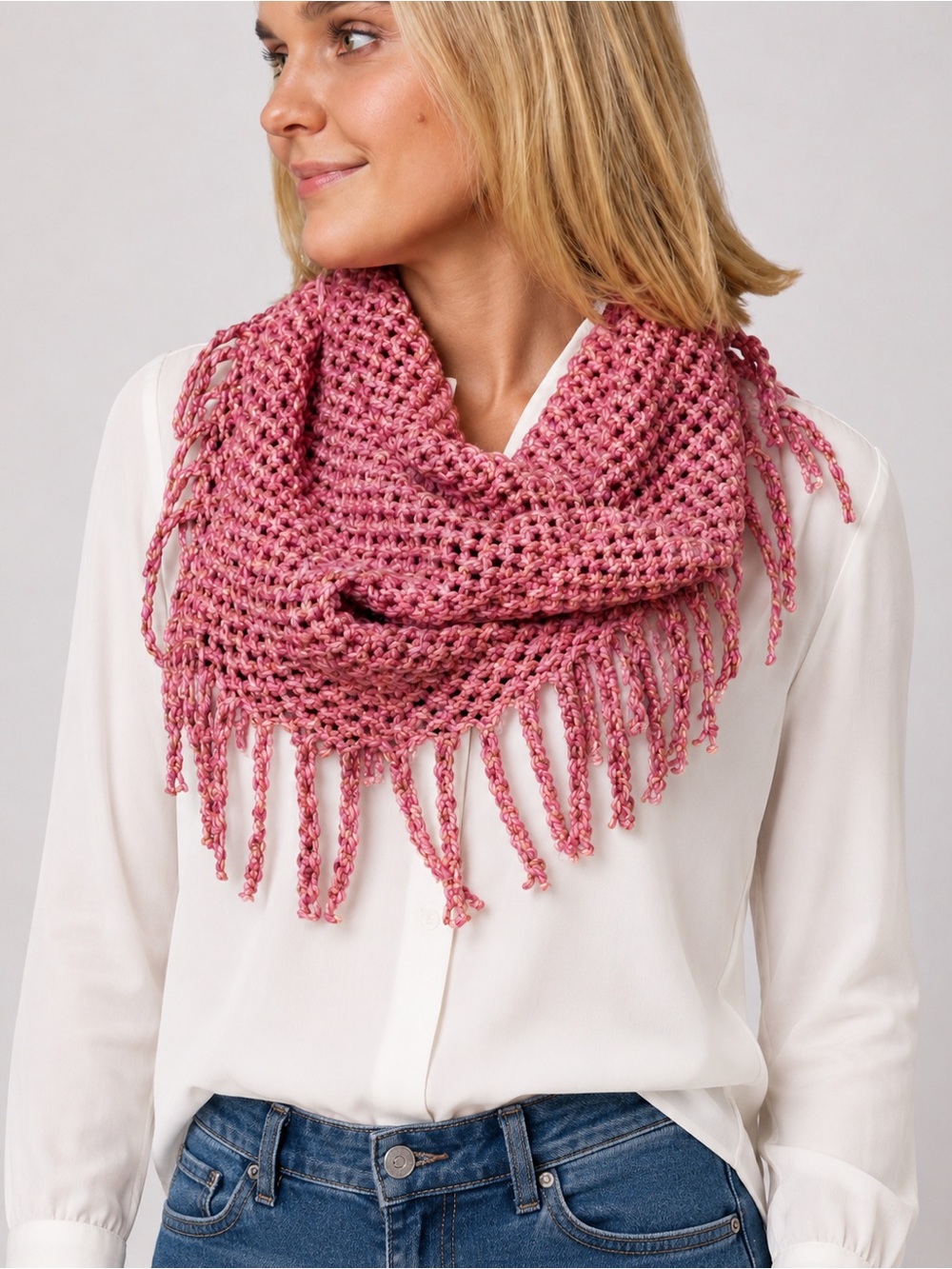 Crochet Tube Fringe Scarf in Dark Pink & Gray